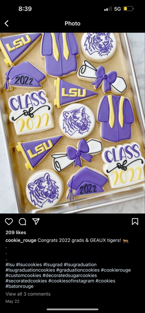 Lsu Cookies Decorated, Grad Cookies 2023, Graduation Sugar Cookies Ideas, Lsu Graduation Party, Lsu Cookies, Graduation Party Cookies, Lsu Party, Lsu Graduation, Grad Party Food