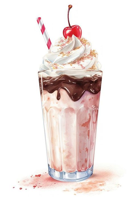 Milk milkshake dessert sundae. AI generated Image by rawpixel. | premium image by rawpixel.com / Techi Vintage Ice Cream Aesthetic, Milkshake Logo Design Ideas, Milkshake Painting, Milkshake Illustration, Ux Project, Cherry And Chocolate, Cute Cartoon Food, Bakery Art, Doodles Stickers