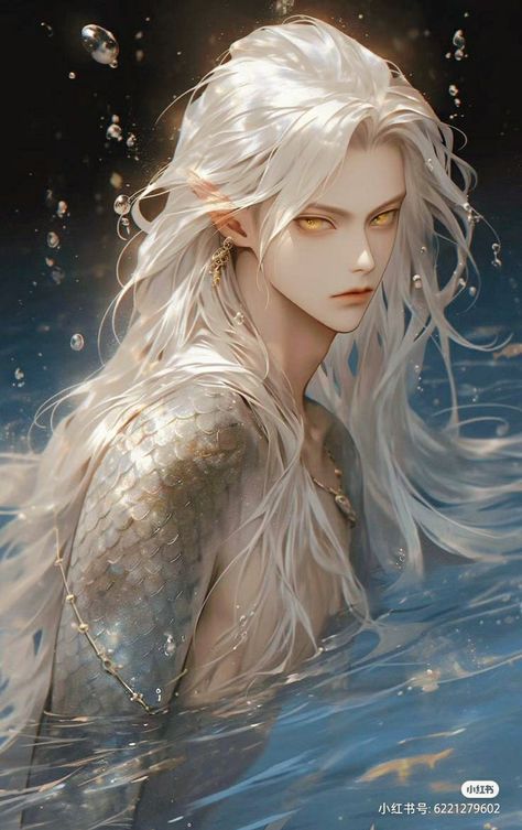 Anime Merman, Mermaid Boy, White Hair Anime Guy, Male Mermaid, Mermaid Man, Long White Hair, Eyes Artwork, Dark Anime Guys, Mermaid Art