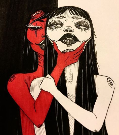 backstabber two faces art two faced red black white Psychotic Art Style, Inner Turmoil Art, 2000s Drawings Aesthetic, Lesbian Asthetic Paintings, Art That Makes You Think, Grunge Art Paintings, Woman Looking Up Drawing, Stefanie Core, Two Faced Art