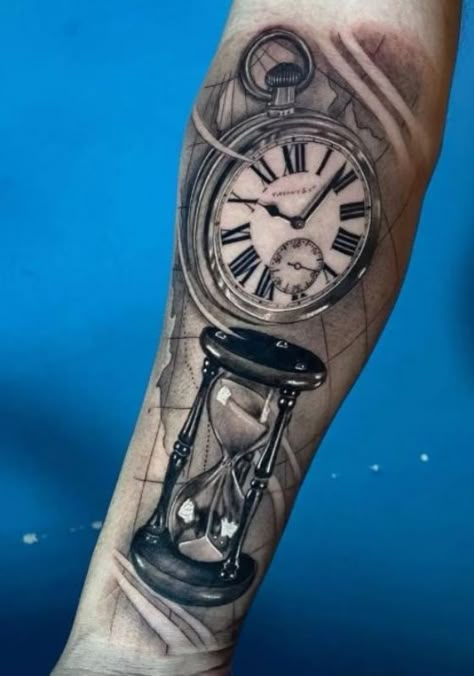 Hourglass Clock Tattoo, Background Shading Tattoo Ideas, Time Piece Tattoo, Clock Tattoo Sleeve, Guardian Angel Tattoo Designs, Slavic Tattoo, Watch Tattoo Design, Pocket Watch Tattoos, Sakura Tattoo