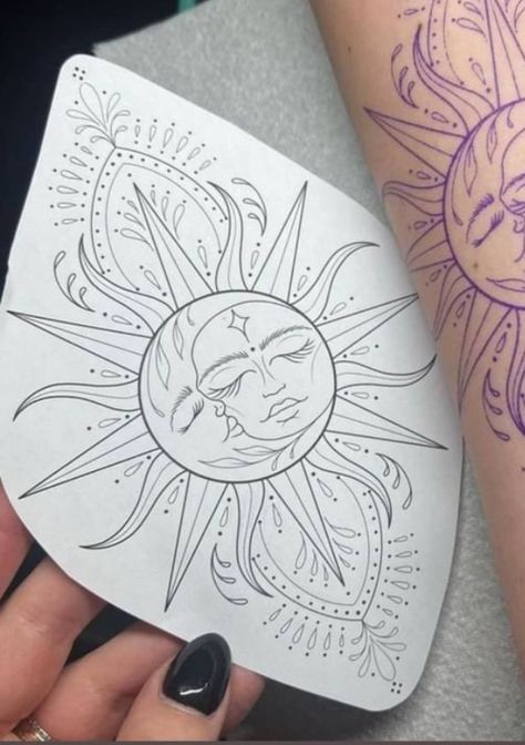 Sun And Mandala Tattoo, Sun And Moon Tattoo Back, Sun And Moon Sleeve Tattoo, Sun And Moon Back Tattoo, Sun Moon Drawing, Unique Half Sleeve Tattoos, Chest Tattoo Ideas, Earthy Tattoos, Flower Tattoo Ideas