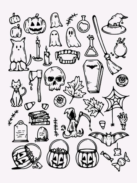 Tattoos Spooky, Cute Halloween Doodles, Spooky Tattoo Ideas, Halloween Draw, Girly Hand Tattoos, Halloween Tattoo Flash, Doodles Halloween, Cute Halloween Tattoos, Halloween Doodles