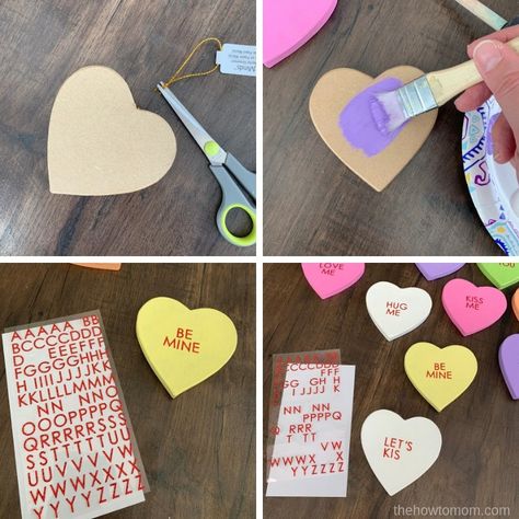 Conversation Heart Wreath Diy, Conversational Hearts Decor, Candy Heart Decor Diy, Candy Heart Crafts For Kids, Diy Conversation Hearts Decorations, Diy Candy Hearts Decor, Conversation Heart Decor, Conversation Heart Party, Foam Heart Crafts