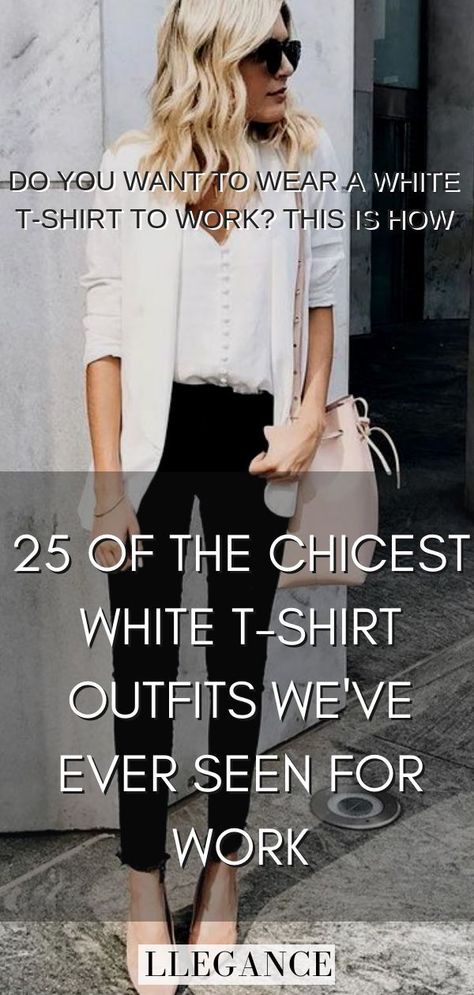 YOU 👏 MAY 👏 NOT TAKE A WHITE T-SHIRT AS A TRADITIONAL ITEM FOR THE OFFICE. However, when styled right, it can look very professional. There are actually more ways than you may think to style a white t-shirt for work. Here are 25 of the chicest white t-shirt outfits we've ever seen for the office. LLEGANCE White Tshirt Outfit, Office Party Outfits, Workwear Capsule Wardrobe, T Shirt Outfits, Dinner Party Outfits, Work Outfits Women Office, Tshirt Outfit, Shirt Outfits, Corporate Fashion