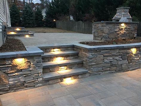 Backyard Retaining Walls, Sloped Backyard Landscaping, Cambridge Pavingstones, Sloped Backyard, Landscaping Retaining Walls, Garden Stairs, Back Garden Design, Sloped Garden, Garden Steps