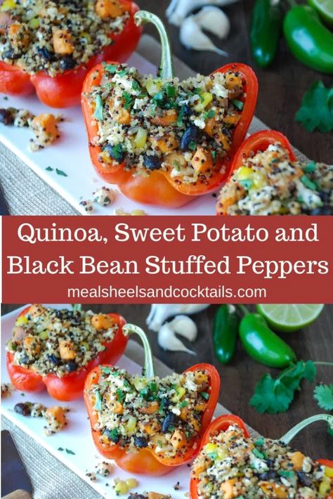 Quinoa, Sweet Potato and Black Bean Stuffed Peppers - Meals, Heels & Cocktails Stuffed Peppers With Sweet Potato, Sweet Potato Stuffed Peppers, Black Bean Stuffed Peppers, Bean Stuffed Peppers, Vege Meals, Corn And Black Beans, Plant Based Meals, Sweet Potato And Black Bean, Vegan Stuffed Peppers