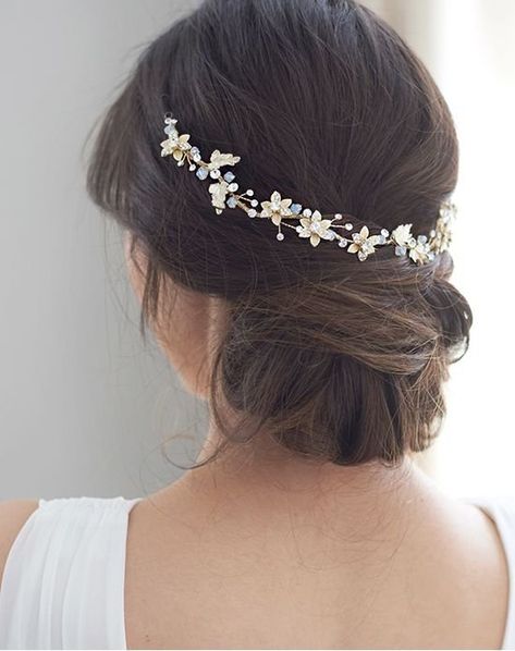 USABride Victoria Floral Hair Vine (TI-3352-G) Gold Headband Crystal Bridal Headband, Floral Hair Vine, Floral Wedding Hair, Wedding Hair Vine, Pearl Hair Vine, Headband Bridal, Headband Wedding, Dusty Miller, Short Wedding Hair