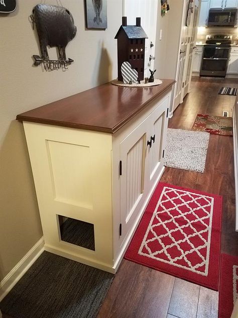 Diy Litter Box Enclosure, Dog Supplies Organization, Diy Food Storage, Cat Litter Cabinet, Hiding Cat Litter Box, Diy Litter Box, Hidden Litter Boxes, Cat Litter Box Enclosure, Box Cabinet