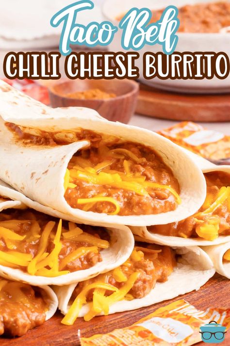 A Taco Bell Chili Cheese Burrito is a fan favorite! Filled with taco seasoned beef, melty cheese, refried beans, all wrapped in a warm flour tortilla! Bean Burrito Taco Bell, Taco Bell Bean And Cheese Burrito, Copycat Taco Bell Chili Cheese Burrito, Taco Bueno Refried Beans Recipe, Taco Bell Nacho Cheese Recipe, Taco Bell Power Bowl Recipe, Taco Bell Chili Cheese Burrito Recipe, Taco Bell Meat Recipe, Chili Cheese Burrito Taco Bell