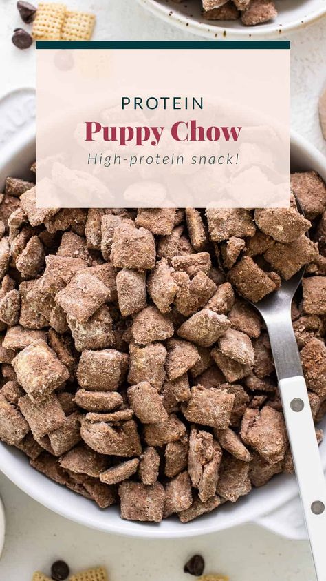 Protein Puppy Chow - Fit Foodie Finds Protein Puppy Chow, Chow Recipe, Puppy Chow Recipes, Gluten Free Protein, High Protein Desserts, Muddy Buddies, Protein Treats, Protein Powder Recipes, Protein Desserts