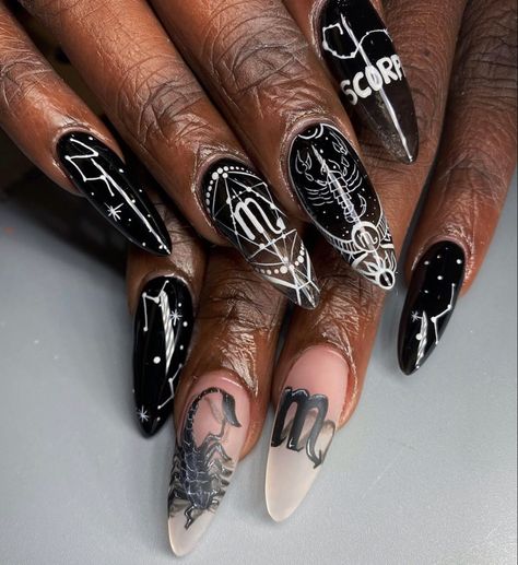 Scorpio Nail Art Zodiac Signs, Black Scorpio Nails, Zodiac Sign Nail Designs, Scorpio Nail Designs, Scorpio Acrylic Nails, Scorpio Nails Acrylic, Scorpio Nail Art, Scorpio Nail Ideas, Scorpion Nails