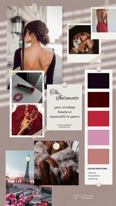 Lover Archetype Color Palette, Lover Archetype Aesthetic Outfit, Lover Archetype Moodboard, The Lover Style Archetype, Personal Style Mood Board, Lover Archetype Brand, Lover Brand Archetype Moodboard, The Lover Archetype Aesthetic Style, The Lover Archetype Aesthetic Clothes