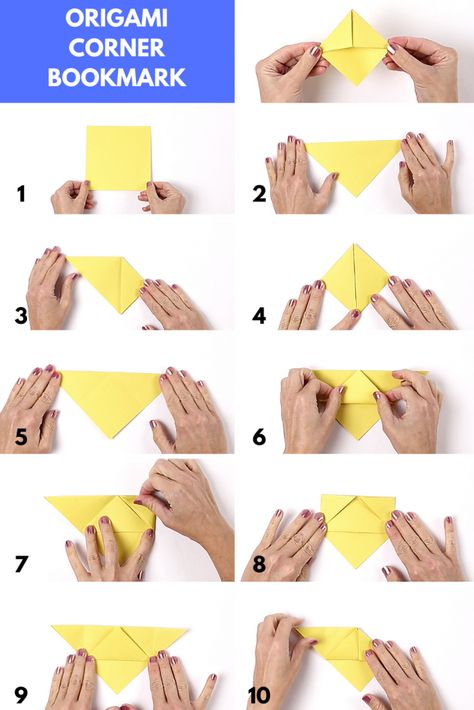 How to Fold an Origami Corner Bookmark - Follow these steps to learn this beginner fold. Then click the link to see how you can turn these into characters. #origami #papercraft #kidscraft #bookmark Origami Bookmark Corner, Origami Bookmarks, Bookmark Crochet, Origami Bookmark, Corner Bookmark, Bookmark Craft, Instruções Origami, Paper Bookmarks, How To Make Origami