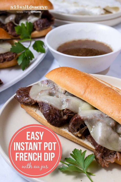 Savory and super tender, these easy Instant Pot French Dip Sandwiches with melted cheese and rich au jus are mouth-wateringly good. They require almost no cleanup, so they are great for busy nights! Instant Pot French Dip Sandwiches, French Dip Sandwich Crockpot, French Dip Recipes, Instant Pot French Dip, Low Carb Bun, French Dip Sandwiches, Dip Sandwiches, French Dip Sandwich, Sliced Meat