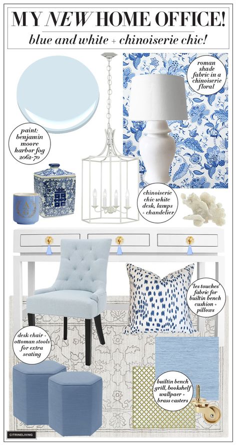 Blue And White Home Office, Chinoiserie Bedroom, Summer Living Room Decor, Blue Home Offices, White Home Office, Blue And White Home, Blue And White Living Room, Chinoiserie Decorating, Blue And White Chinoiserie