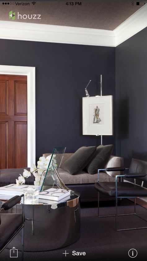 Benjamin Moore Black Horizon paint Horizon Benjamin Moore, Benjamin Moore Black, Grey Walls White Trim, Office Wall Colors, Black And Grey Bedroom, Black Painted Walls, Painted Closet, White Wall Bedroom, Contemporary Home Office