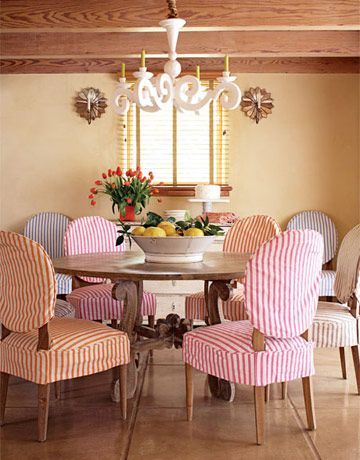 These slipcovers would be so easy to make! Some drop cloths and velcro (and a sewing machine...of course!). American Dining Room, Dining Room Chair Slipcovers, Round Back Dining Chairs, Dining Room Chair Covers, Dining Chair Covers, Beautiful Dining Rooms, Dining Chair Slipcovers, Elegant Kitchens, Slipcovers For Chairs