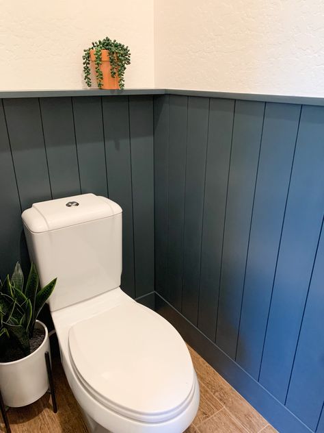 vertical shiplap and narrow cabinet. Water closet design, decor makeover. Shiplap Behind Toilet, Water Closet Design, Phone Shelf, Bathroom Downstairs, Vertical Shiplap, Gold Toilet, Decor Makeover, Small Toilet Room, Narrow Cabinet