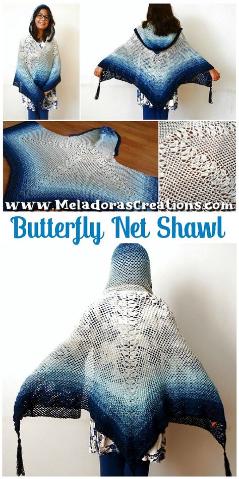 Butterfly Shawl Crochet Pattern - Butterfly Net Shawl - Free Crochet Pattern - Meladora's Creations Butterfly Shawl, Crocheted Shawl, Butterfly Net, Ombre Yarn, Pattern Butterfly, Shawl Crochet, Crochet Shawls And Wraps, Crochet Shawls, Crochet Clothes For Women