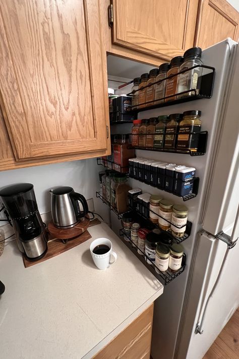 Low on pantry space? Finding creative, aestically styled solutions for our practical needs! https://amzn.to/3P07W2V #affiliate #organize #storage #solutions #pantry #kitchen #home #spices #newhouse #diy #ready to renovate #amazon Magnetic Spice Rack Ideas, Side Of Fridge, Fridge Shelf, Magnetic Shelf, Magnetic Spice Rack, Pantry Space, Diy Spice Rack, Spice Shelf, Fridge Shelves