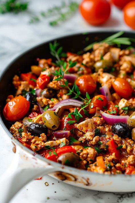 Satisfying Mediterranean Keto Ground Chicken Skillet with Olives and Feta Recipe #ketodiet #ketorecipes #lowcarb Mediterranean Diet Family Dinners, Dinner Recipes With Olives, Mediterranean Diet Recipes Keto, Ground Chicken Recipes Mediterranean, Feta Cheese Recipes Chicken, Ground Chicken And Eggplant Recipes, Mediterranean Heart Healthy Recipes, Beef Recipes Healthy Clean Eating, Mediterranean Skillet Recipes