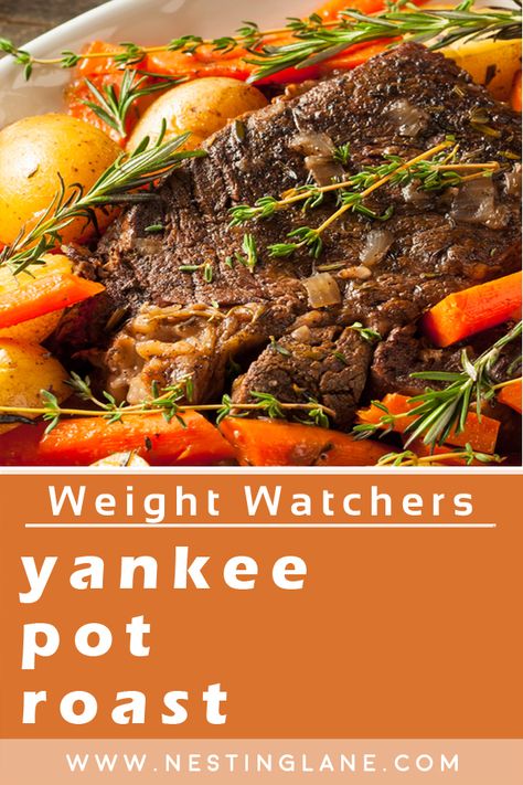 Weight Watchers Hearty Yankee Pot Roast Recipe made with lean boneless bottom round rump roast, black pepper, salt, onions, water, onion soup mix, balsamic vinegar, dried thyme, red potatoes, baby carrots, and fresh parsley. This is a delicious comfort food dinner. MyWW Points: 9 Blue Plan, and 9 Green Plan, 9 WW Freestyle Points and 9 Smart Points. Bottom Round Rump Roast, Weight Watchers Beef Stew, Yankee Pot Roast, Weight Watchers Food Points, Weight Watchers Crock Pot Recipes, Weight Watchers Meals Dinner, Rump Roast, Crockpot Roast Recipes, Chuck Roast Recipes