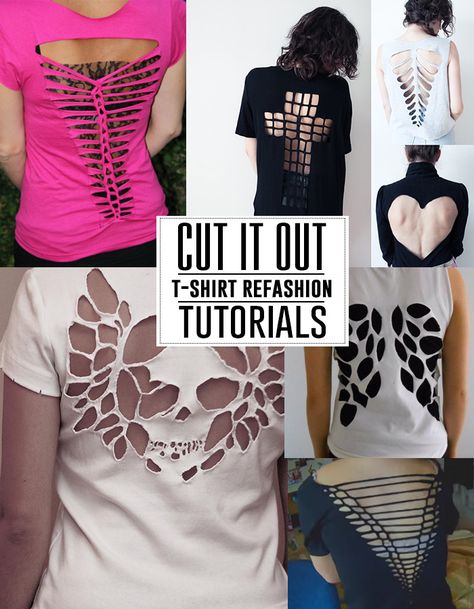 Learn tons of different ways to cut up your t-shirts and make cool new designs with these tutorials. Cut Up T Shirt, Diy Cut Shirts, T Shirt Tutorial, Cut Up Shirts, Shirt Tutorial, Diy Clothes Refashion, Diy Clothes Videos, Tshirt Refashion, Diy Vetement