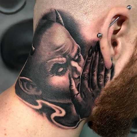 The devil whispers in my ear. #sirfocus @streetcitytattoos IS the studio!! #toronto #mississauga #brampton #tattoo #tattoos #blackandgrey #blackandgreytattoo #bng #lowriderart #chicanoart #art #devil #demon Demon Whispering In Ear Tattoo, Devil Whispering In Ear Tattoo, In Ear Tattoo, Demonic Tattoos, Angel And Devil Tattoo, Best Neck Tattoos, Tattoo Behind Ear, 16 Tattoo, Gangsta Tattoos