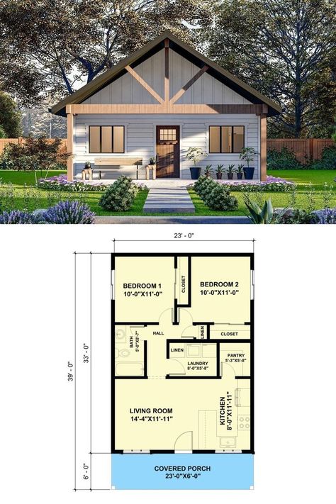 Discover the charm of a Craftsman-style 2-bedroom, 1-story home with a welcoming front porch. Explore the floor plan that combines classic design and modern convenience, perfect for cozy living. Small Home Layout Floor Plans 3 Bedrooms, Home With Front Porch, Porch Floor Plan, Garage Suite, Sims Lots, Porch Floor, Small House Floor Plans, Blue Prints, Porch Flooring