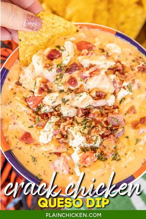 March Madness Party Food, Chicken Queso Dip, Best Cheese Dip, Chicken Queso, Chicken Cheese Dip, Plain Chicken Recipe, Chicken Cheddar, Super Bowl Menu, Rotel Dip