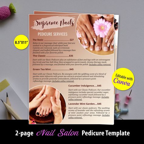 2-page Pedicure Menu Template | Nail Salon Price List Template| Pedicure Services Nail Salon Menu (TEMPLATE ONLY) Nail Salon Price List, Nail Salon Prices, Pedicure Services, Stationery List, Salon Price List, Spa Menu, Attract Clients, Price List Template, Nail Salons