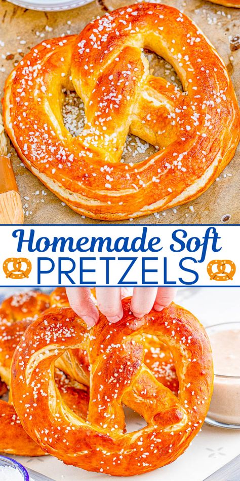 Homemade Soft Pretzels - These jumbo pretzels are soft, chewy, and just like the IRRESISTIBLE ones at your local mall's food court! Skip the mall and make these at home in ONE HOUR with this EASY to follow recipe and step-by-step photos! Whether you want to sprinkle them with coarse salt or cinnamon-sugar, these carby delights will be an automatic family FAVORITE! Jumbo Pretzel Recipe, Soft Pretzels Recipe, Cinnamon Sugar Pretzels, Pretzel Recipe, Soft Pretzel Recipe, Pretzel Shape, Chili Cheese Dips, Baking Soda Bath, Baking Soda Water