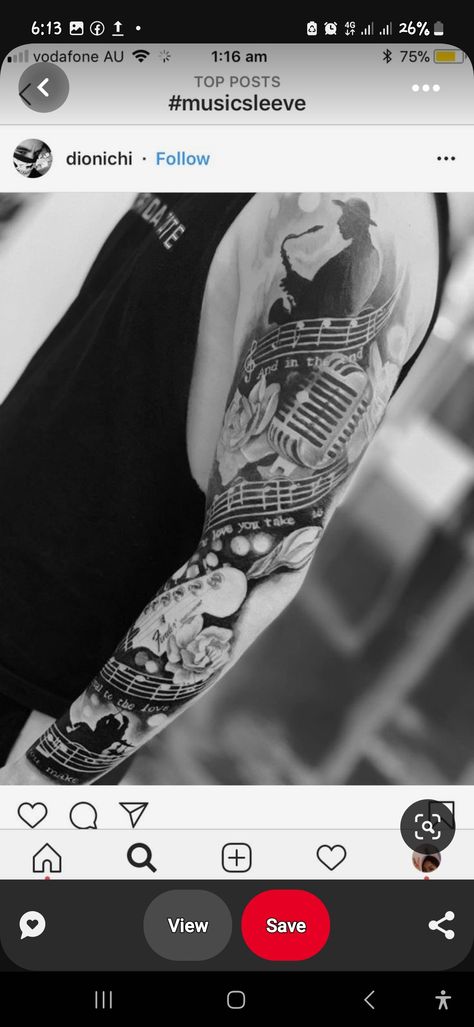 Mens Music Sleeve Tattoo Ideas, Rock Music Tattoo Sleeve, Music Leg Sleeve Tattoo, Guitar Sleeve Tattoo, Music Leg Tattoo, Music Sleeve Tattoo For Men, Camper Tattoos, Als Tattoo Ideas, Music Sleeve Tattoo Women