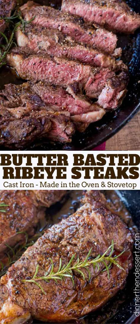 Perfect, Easy Ribeye Steak that is butter basted in a cast iron skillet in the oven with Rosemary. A Perfect error-proof medium rare in 20 minutes including resting time. Cast Iron Steak, Ribeye Steak Recipes, Beef Steaks, Iron Skillet Recipes, Cast Iron Skillet Recipes, Cast Iron Recipes, Medium Rare, Ribeye Steak, Steak Dinner