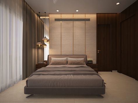 Bedroom Bed Back Wall Design With Door, Bed Side Mirror Ideas, Wall Opposite Bed Ideas, Bedside Mirror Ideas, Apartment Planning, Wall Panels Bedroom, Wooden Panelling, Sleeping Room, Ceiling Design Bedroom