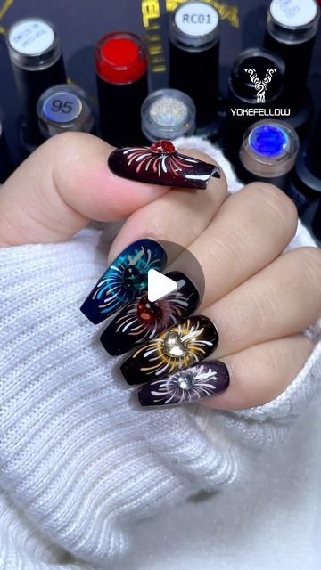 Firework Nail Design, Firework Gel Nails, Fireworks On Nails, Fire Works Nail Design, Fireworks Toenail Design, Firework Nail Art, Firework Nails, Nail Supply, Gel Manicure