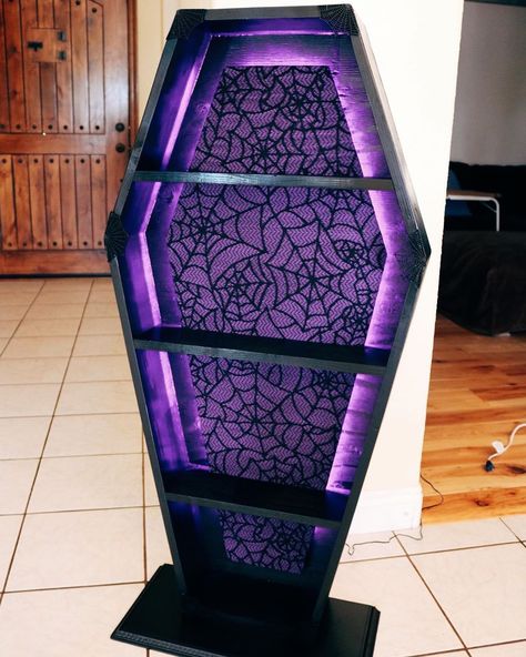 Coffin Furniture on Instagram: “Just dropped off the newest 4ft backlit coffin shelf!!! I hope you love it⚰️ #coffin #coffins #horror #hearse #gothic #art #halloween…” Coffin Shelf Diy Plans, Coffin Shelf Diy, Coffin Storage, Gothic Shelves, Coffin Furniture, Goth Room Ideas, Goth Furniture, Coffin Bookshelf, Coffin Shelves