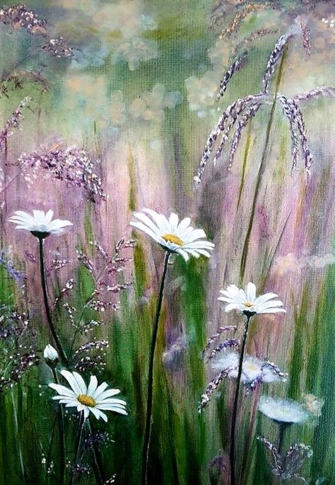 Flowers In Grass Painting, Field Wildflowers, Wildflower Field Painting, Thistle Painting, Garden Oil Painting, Wildflowers Field, Nature Field, Summer Wildflowers, Grass Painting