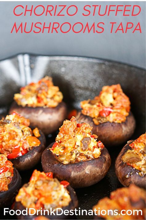 This chorizo stuffed mushrooms recipe makes the perfect modern Spanish tapa. Perfect for snacking or as a starter, these chorizo mushrooms are a touch spicy and super creamy. Chorizo Snacks Appetizers, Spanish Stuffed Mushrooms, Keto Tapas Recipes, Spanish Starters Appetizers, Spanish Mushrooms Tapas, Mushroom Tapas Recipe, Spanish Food Recipes Spain, Chorizo Appetizer Recipes, Portuguese Starters