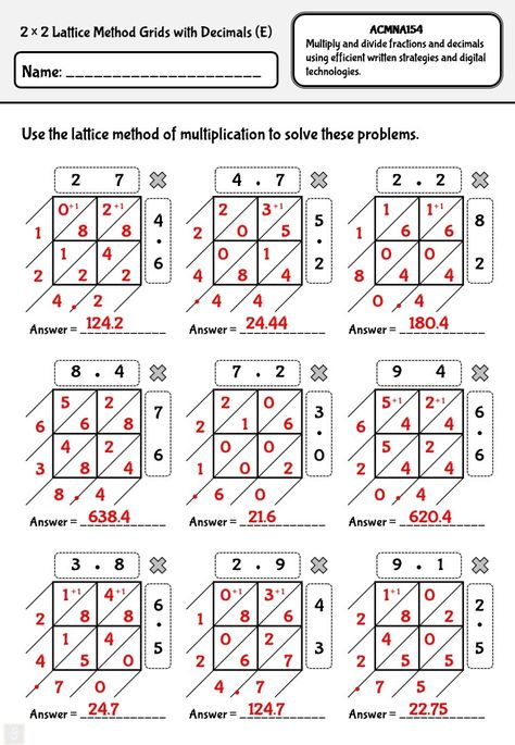 Lattice method of multiplication with decimal numbers. Contains the Australian Curriculum code ACMNA154. Lattice Method, Lattice Multiplication, Decimal Numbers, Math Station, Grade 6 Math, Dividing Fractions, Decimal Number, Writing Rubric, Fractions Decimals