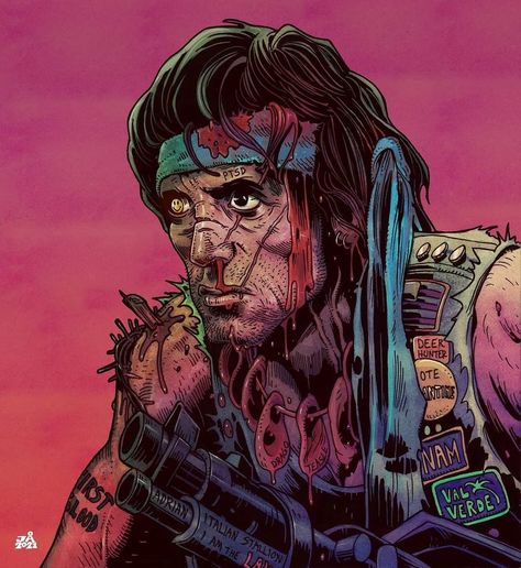 Rambo Art, John Rambo, Horror Movie Art, Sylvester Stallone, Comic Movies, Weird Art, Movie Art, Horror Art, Comic Books Art