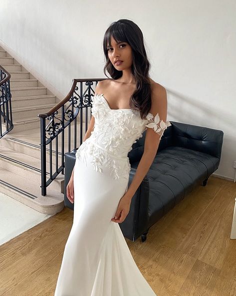 Silk Crepe Wedding Dress, Classic Wedding Gown, Mikado Wedding Dress, 3d Applique, Flare Wedding Dress, Suzanne Neville, Off The Shoulder Sleeves, Floor Length Wedding Dress, Crepe Gown