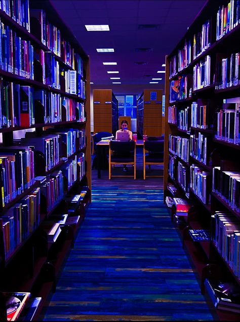 Library Purple Aesthetic, Purple Library, Library Design Home, Purple Academia, Stella Aesthetic, Purple Books, Library Aesthetic, College Library, Book Room