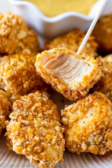 Pretzel Crusted Chicken Bites Sweet Pretzel Recipe, Homemade Flatbread Pizza, Pretzel Chicken, Pretzel Crusted Chicken, Chicken Bites Recipes, Honey Mustard Dipping Sauce, Homemade Flatbread, Pretzel Crust, Sally's Baking