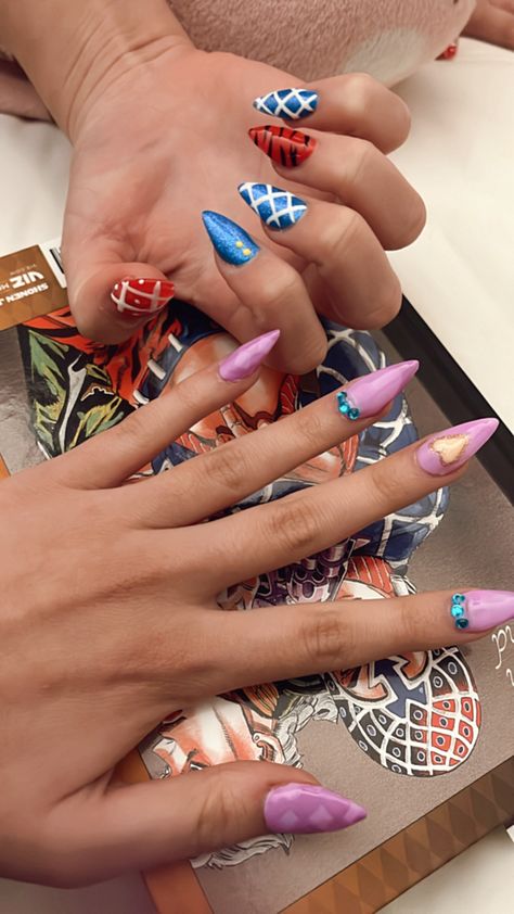 Jojo Nails Ideas, Jjba Nail Design, Jolyne Kujo Nails, Jjba Inspired Nails, Jojo Nails Art Designs, Jojo Inspired Nails, Anime Inspired Nail Art, Jojo's Bizarre Adventure Nails, Todoroki Nails