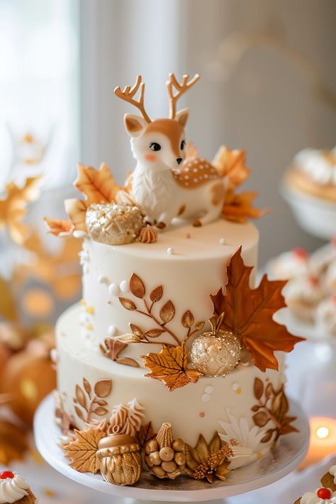 25 Easy Fall Baby Shower Cake Ideas - Barefoot Budgeting Fall Inspired Cake Decoration, Cake Fall Decoration, Autumnal Baby Shower Ideas, Winter Themed Cakes, Fall Theme Cake Ideas, Pretty Fall Cakes, Fall Theme Baby Shower Cake, Baby Shower Fall Ideas, Fall Baby Shower Cakes Girl