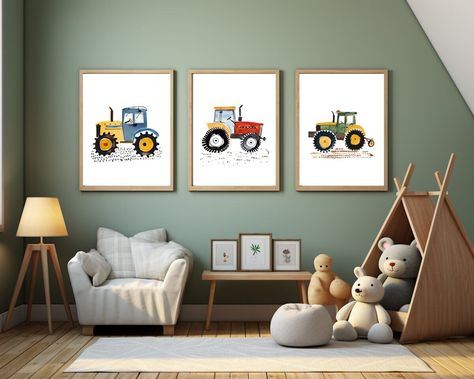 Tractor Print, Set of 3 Nursery Prints, Farm Vehicle Wall Art, Baby Boy Playroom Home Decor, Green Red Blue Tractor Gift, Digital Download - Etsy UK Tractor Toddler Bedroom, Farm Room Ideas Bedrooms Kids, Tractor Boy Room, Baby Boy Tractor Nursery, Tractor Kids Room, Farm Baby Room Ideas, Boys Tractor Room, Farm Room Ideas Bedrooms, Tractor Themed Bedroom