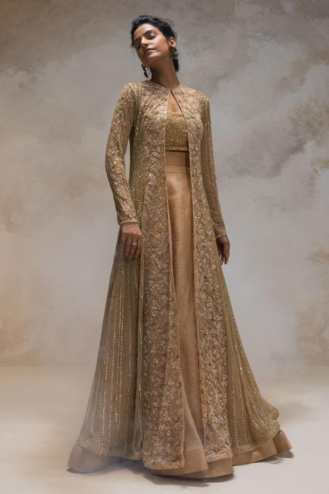 Shop for Couture by Niharika Gold Organza Floral Embroidered Jacket With Skirt Set for Women Online at Aza Fashions Long Jacket Pattern Indian Dress, Net Long Jacket Dress, Long Jacket Outfit Indian Wedding, Coat And Skirt For Wedding, Lengha With Jacket, Lehenga With Coat, Coat Lehenga, Long Jacket Outfit Indian, Lehenga With Long Jacket