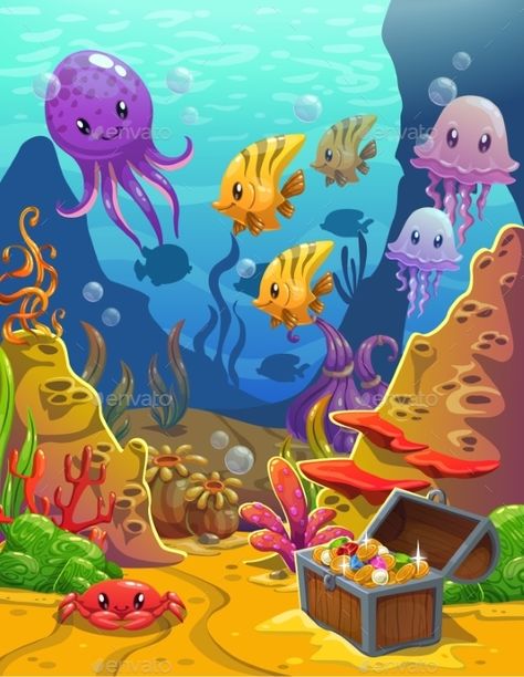 Underwater World by Lilu330 Underwater world, cartoonvector illustration Under The Sea Drawings, World Cartoon, Underwater Cartoon, Mother Earth Art, Sea Drawing, Sea Quilt, Kids Room Murals, Cartoon Fish, Under The Sea Theme